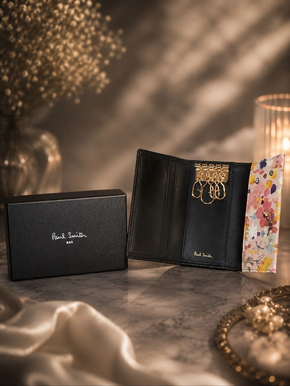 NWT Paul Smith Leather 6 Ring Key Holder Wallet Black Floral Lining w/ Box
